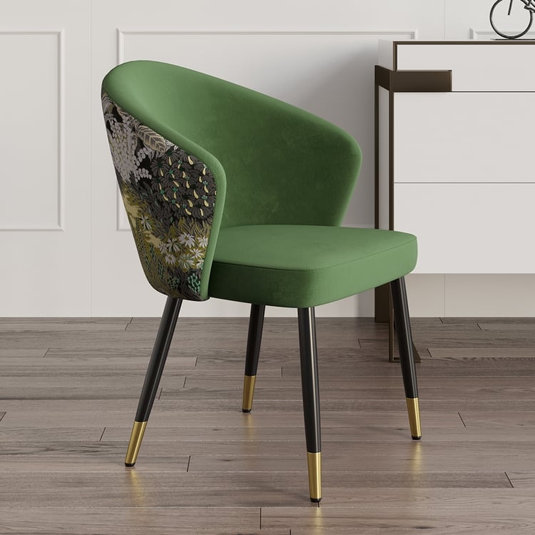 Dining Chair Green Velvet Botanical Patterned Back Gold Tipped Legs