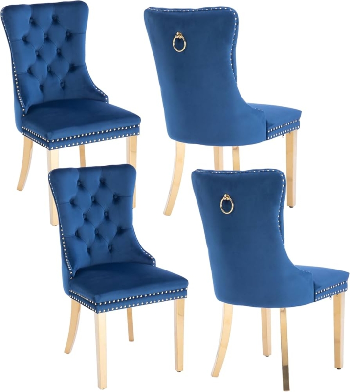 Dining Chair Navy Blue Velvet Gold Ring Pull Tufted Back Polished Legs