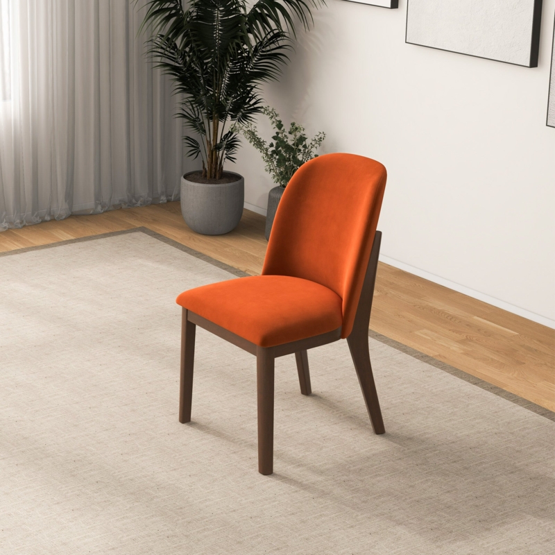 Dining Chair with Rounded Silhouette, Tapered Dark Wood Legs, Velvet-Like