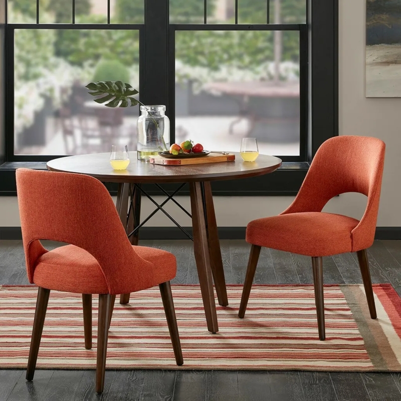 Dining Chairs with Cutout Back, Textured Woven Fabric, Tapered Wood Legs