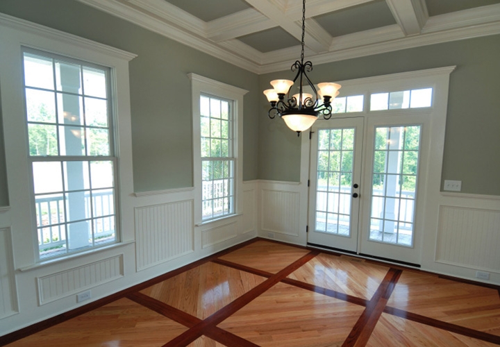 Dining Room Diagonal Floor Inlay Design with Coffered Ceiling