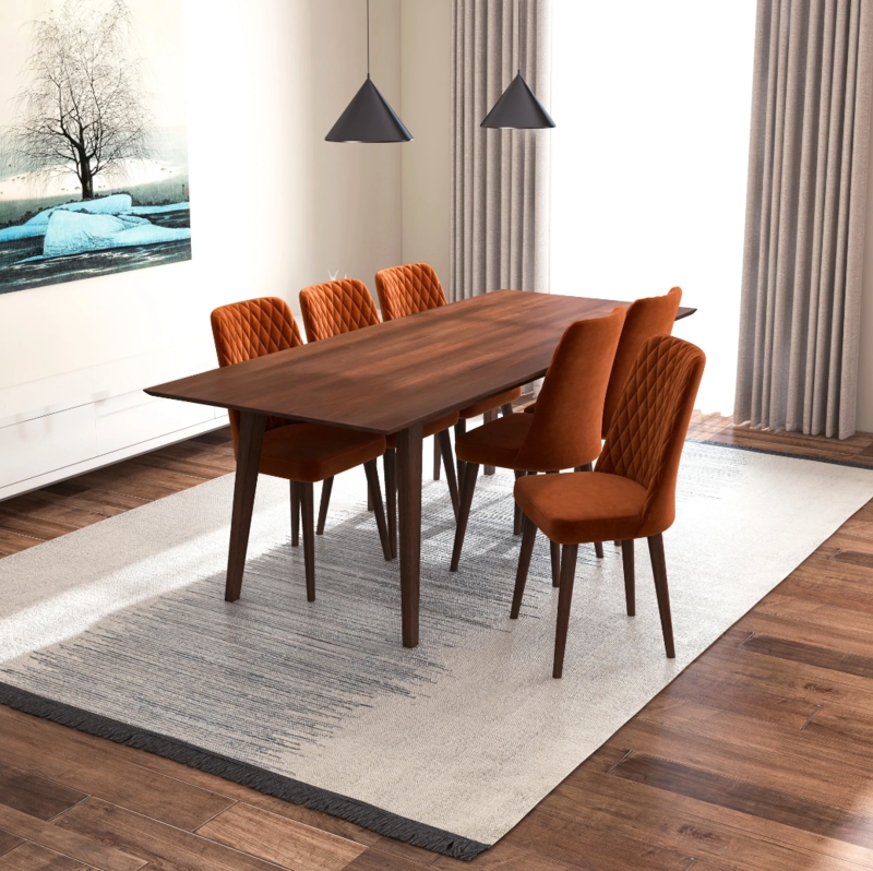 Dining Set, Diamond Quilted Upholstery, Velvet-Like Fabric, Wood Table, Warm
