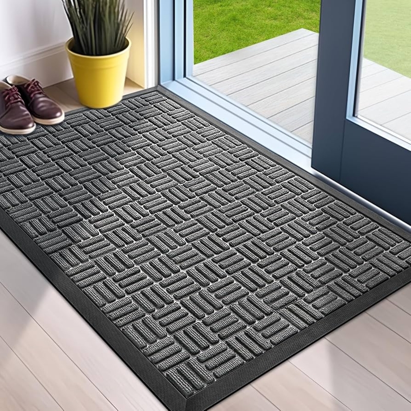 Door Mat Charcoal Grey Basketweave Pattern Low Profile Heavy Duty
