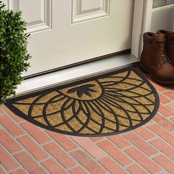 Door Mat Coir Rubber Radiating Lines Traditional Sunburst Tan