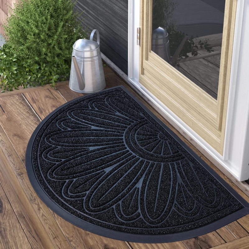 Door Mat Floral Petal Design Black Molded Rubber Raised