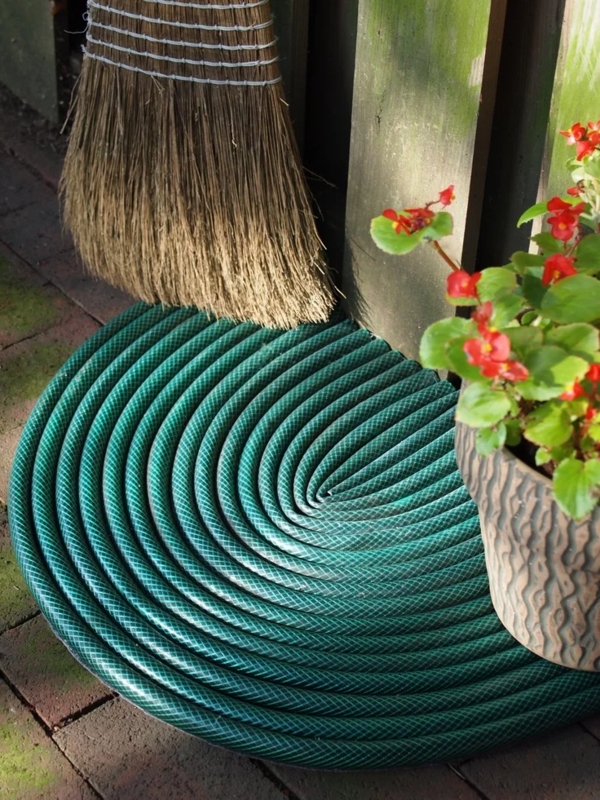 Door Mat, Semicircular Forest Green Repurposed Hose, Coiled Outdoor Rug Styling