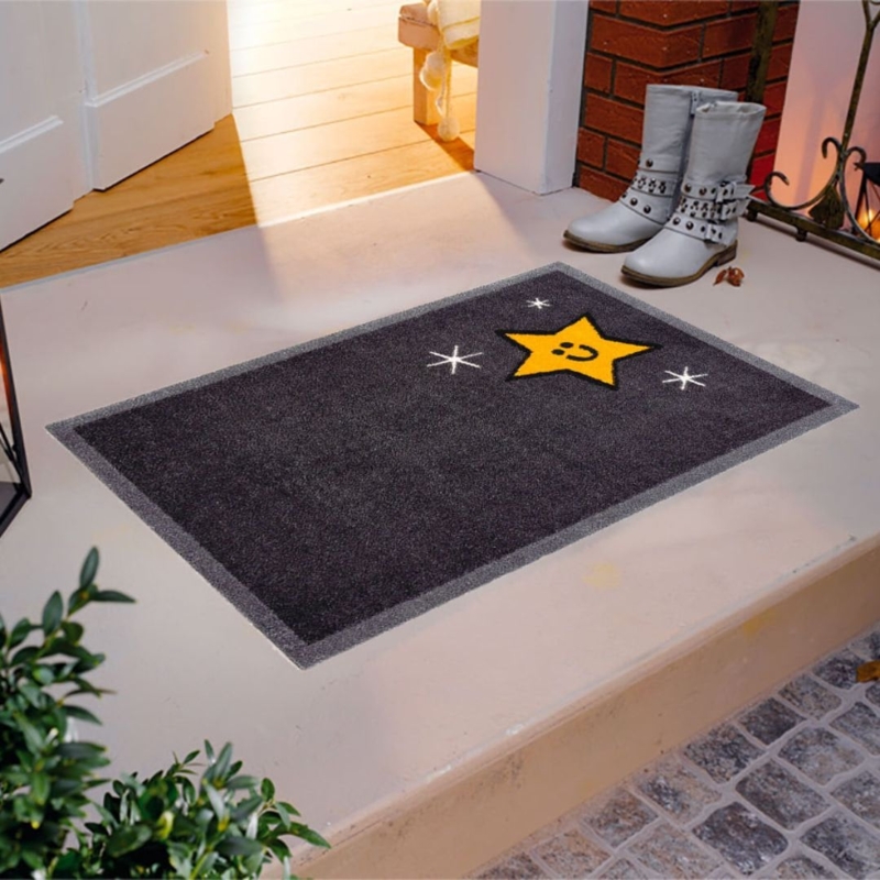Door Mat Whimsical Smiling Star Charcoal Grey Low Profile Entry