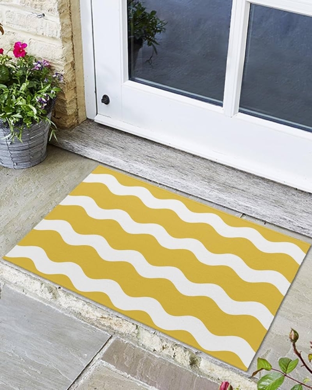Door Mat Yellow Ripple Pattern Wavy Design Low Profile Porch Rug