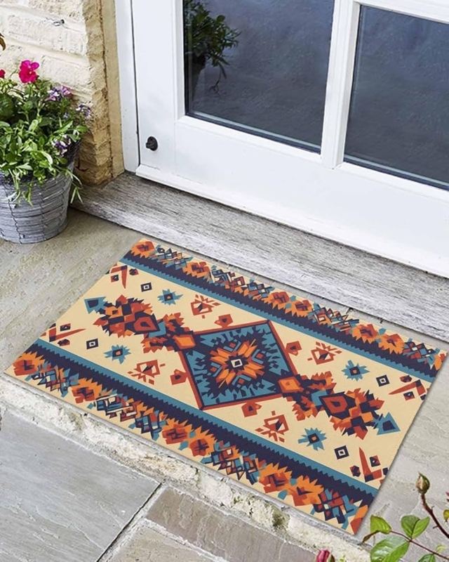Doormat Aztec Pattern Outdoor Mat, Vibrant Teal Border, Geometric Motif