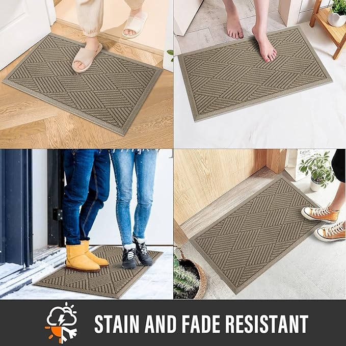Doormat, Beige Chevron Geometric Pattern, Low Profile, Stain Resistant.