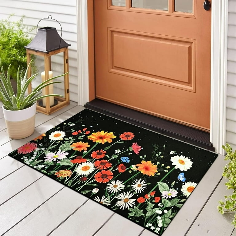Doormat Black Background, High Contrast Floral, Multi Colored Wildflowers