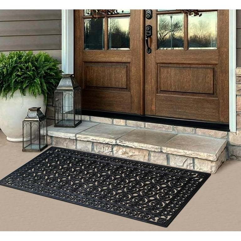 Doormat, Black Ornate Scrollwork Design, Large Scale Rubber Mat