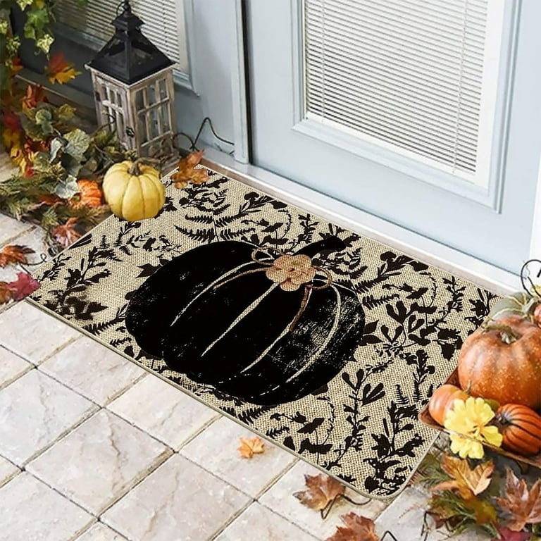 Doormat Black Pumpkin Graphic Botanical Overlay Burlap (56)