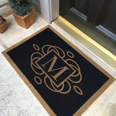Doormat Black Tan Monogrammed M Ornamental Scroll Border