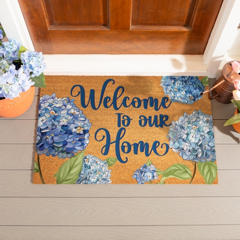 Doormat Blue Hydrangea Print Navy Script Text Coir (52)