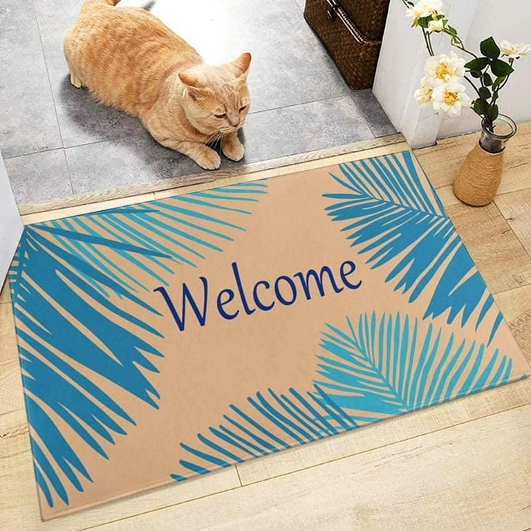 Doormat Blue Palm Fronds Cursive Welcome Text Blue Palm Leaf Doormat