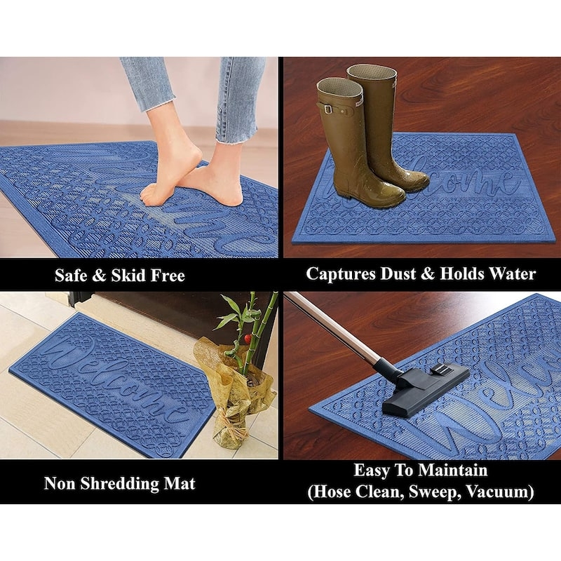 Doormat Blue Raised Welcome Script Geometric Border Water Retaining
