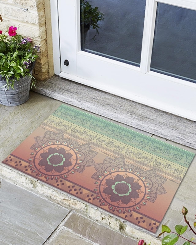 Doormat Bohemian Mandala Entryway Mat, Color Gradient, Lace Borders