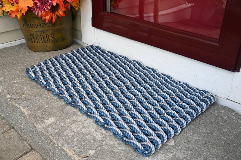 Doormat, Braided Rope Navy Blue Stripes, Nautical Coastal Entrance