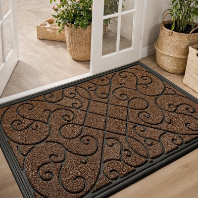 Doormat Brown Black Scrollwork Filigree Rubber Border