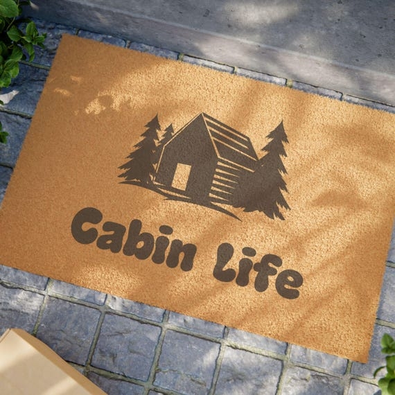 Doormat "Cabin Life" Rustic Typography Coir Texture Natural Fiber Lodge