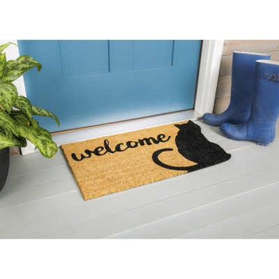 Doormat Cat Silhouette Coir Material Script Welcome Text