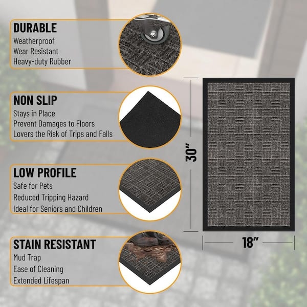 Doormat, Charcoal Basketweave Texture, Heavy-Duty Rubber Border, Low Profile.