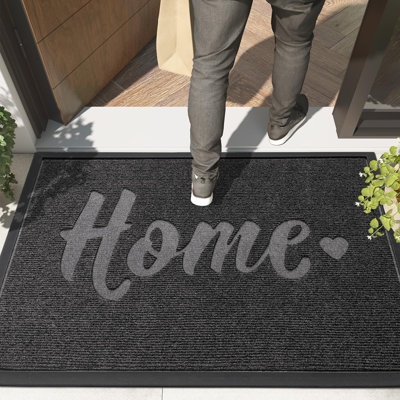 Doormat Charcoal Black Ribbed Texture Script Lettering Home