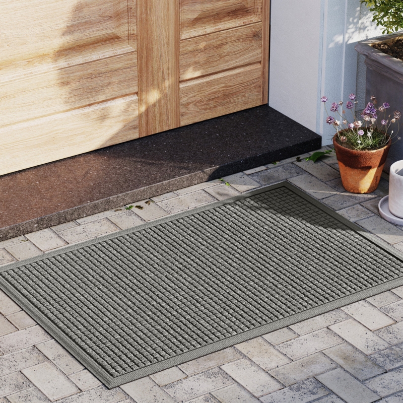 Doormat, Charcoal Gray Cube Grid Pattern, Raised Border, Modern Entryway