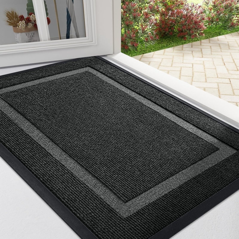 Doormat, Charcoal Gray Ribbed Surface, Contrasting Border, Bordered Mat