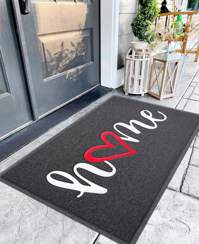 Doormat, Charcoal Grey Red Heart Graphic, Modern Farmhouse Decor