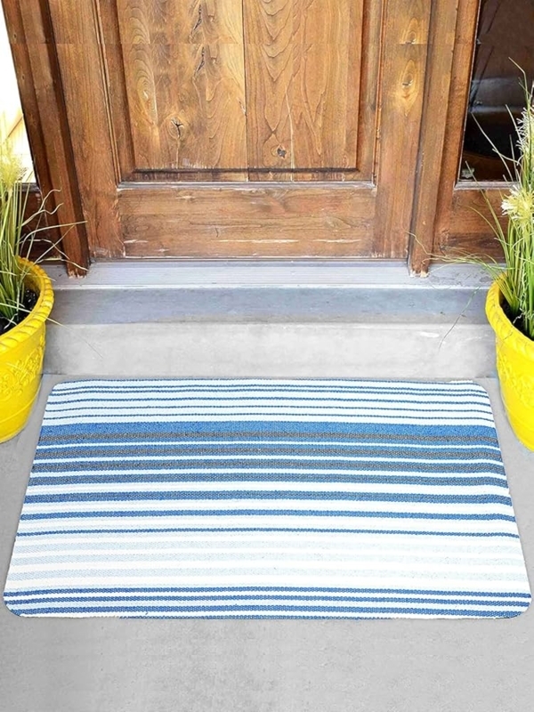 Doormat Coastal Blue Striped Mat, Artisanal Woven Look, Washable Cotton
