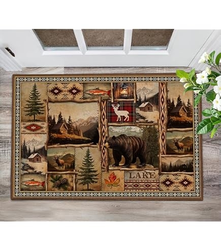 Doormat Collage Design Wildlife Illustrations Geometric Border Rustic
