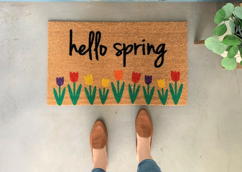 Doormat Colorful Tulips Design With Script Text And Natural Coir Material