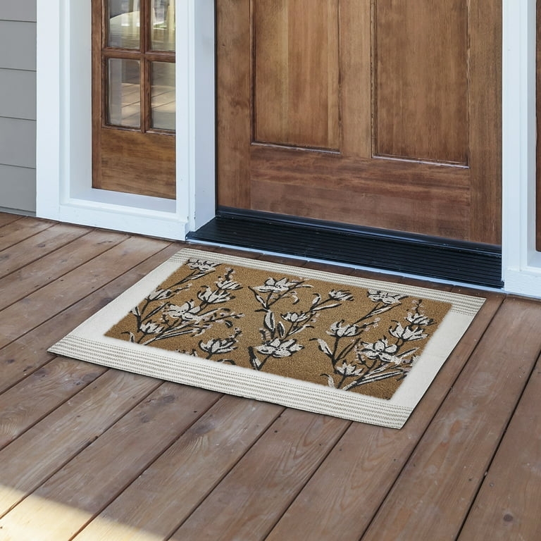 Doormat, Contrast Border, Botanical Print, Coir Like, Tan and Cream