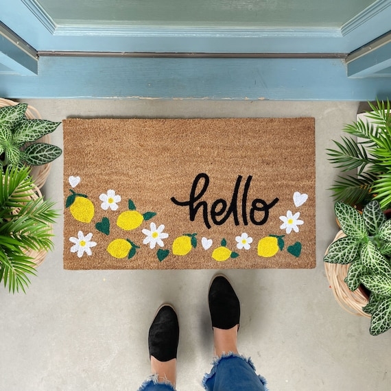 Doormat Cursive Greeting with Lemon And Floral Print, Coir Fiber