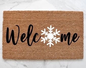 Doormat Cursive Script Snowflake Motif Coir Rustic Welcome
