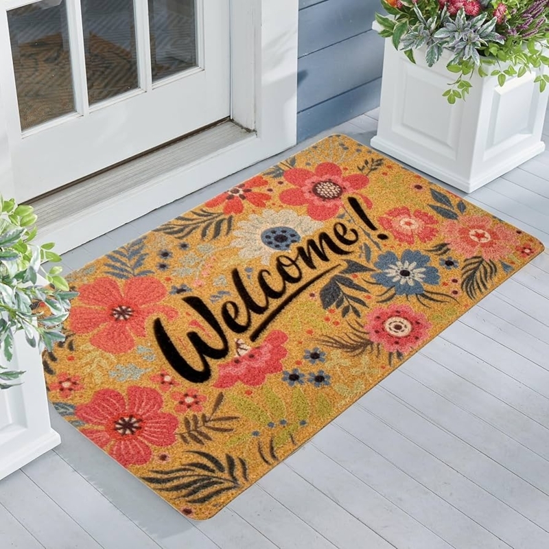 Doormat Cursive Welcome Text Vibrant Botanical Motif (54)