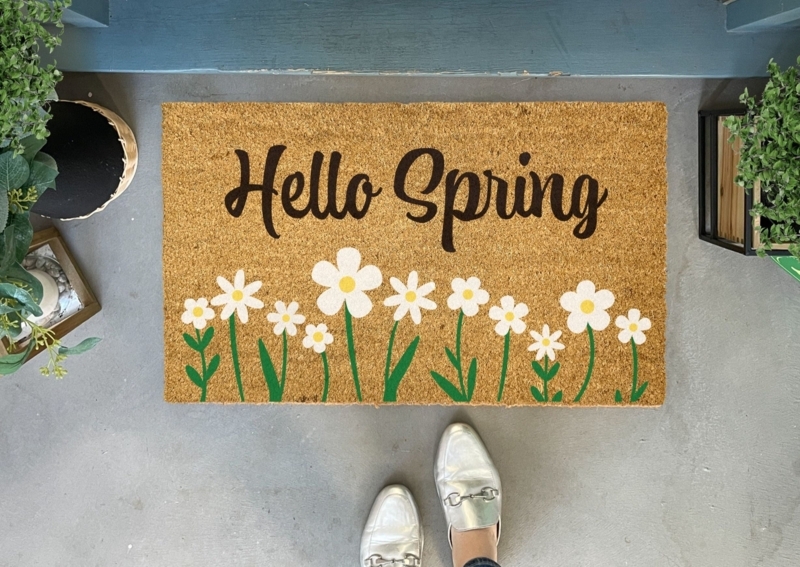 Doormat Daisy Illustration, Script Greeting, Coir Texture Porch Decor