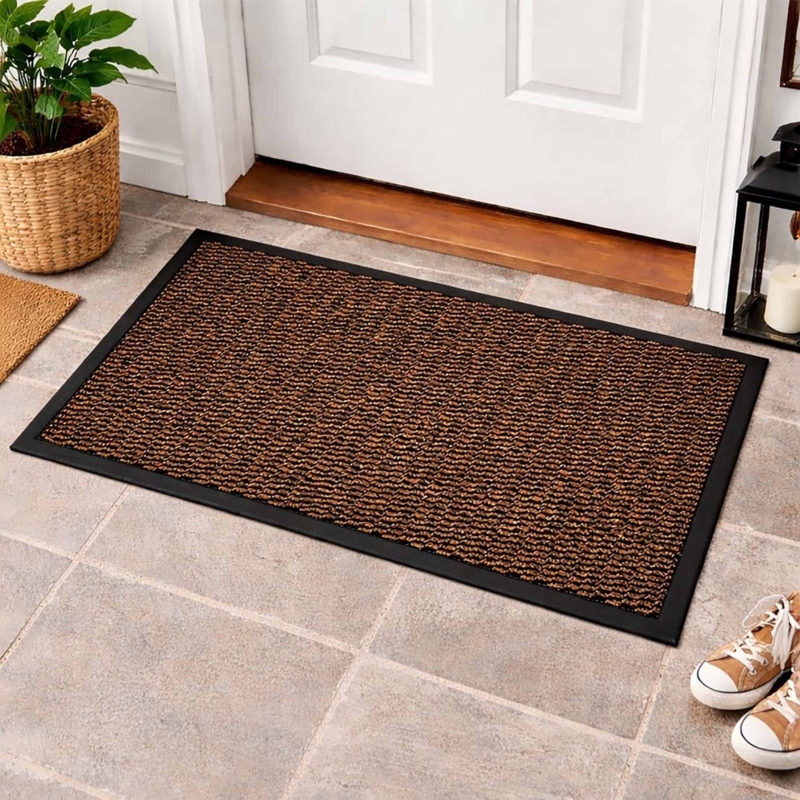 Doormat Extra Wide Ribbed Weave Tan Black Border Modern