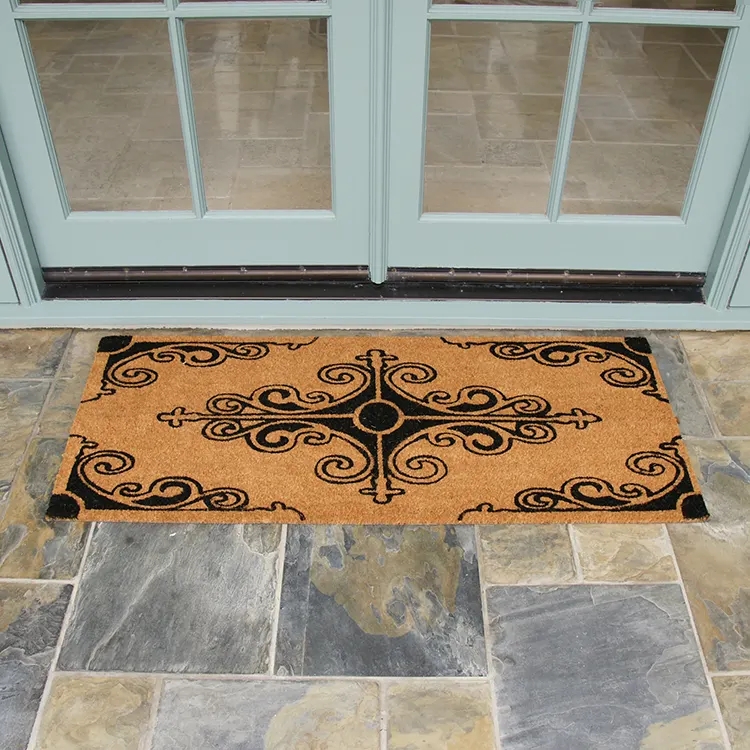 Doormat Extra Wide Silhouette for Double Doors, Ornate Black Scrollwork