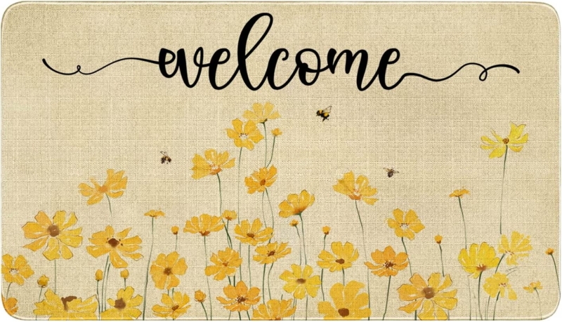 Doormat featuring Yellow Wildflower Print and Bee Motif, Cottage Style