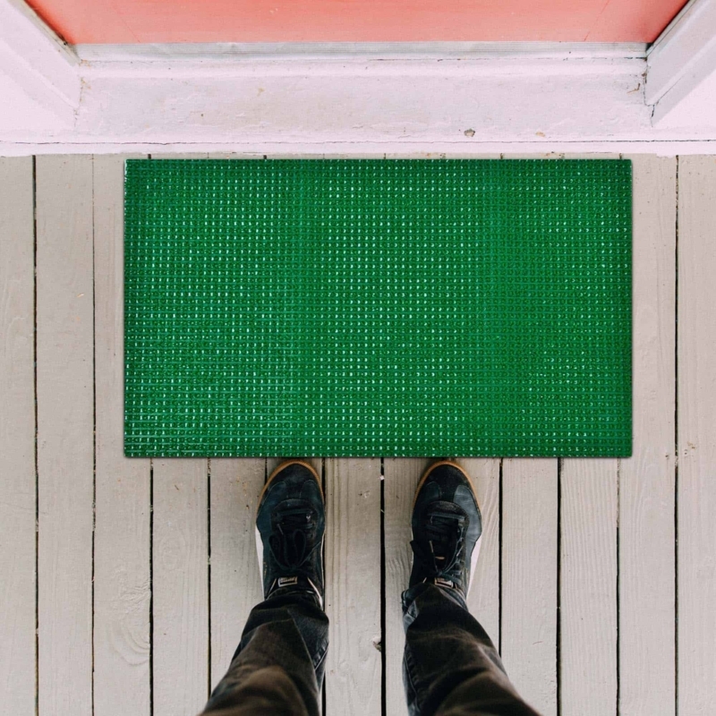 Doormat Green Synthetic Grid Texture Low Profile Minimalist