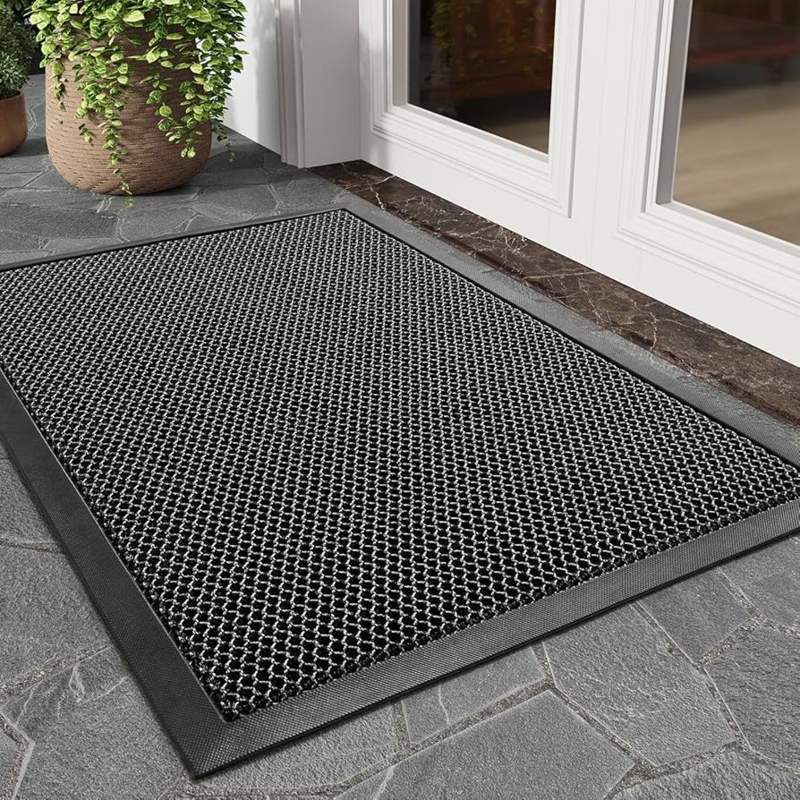 Doormat, Grey and Black Honeycomb Pattern, Wide Rubber Border, Modern.