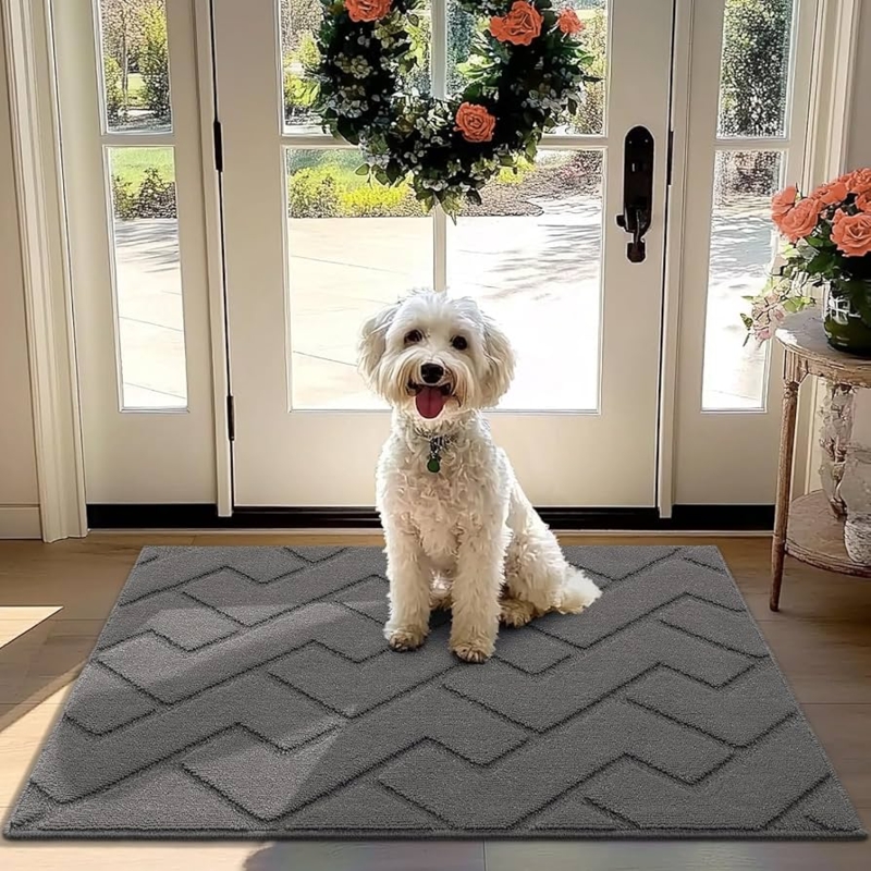Doormat Grey Geometric Texture Low Profile Absorbent Modern Style