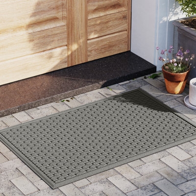 Doormat Grey Synthetic Basketweave Pattern Raised Border