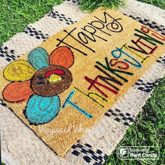 Doormat, Hand-Painted Lettering, Turkey Illustration, Coir, Rustic Style