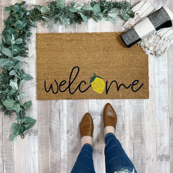 Doormat Handwritten Script with Lemon Motif, Coarse Fiber Material