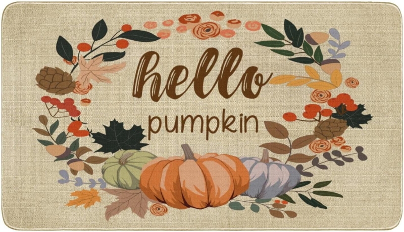 Doormat, "Hello Pumpkin", Botanical Wreath, Linen-Like Texture, Rustic