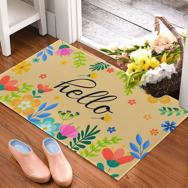 Doormat Hello Script Text With Multi Colored Blooms And Low Profile Design